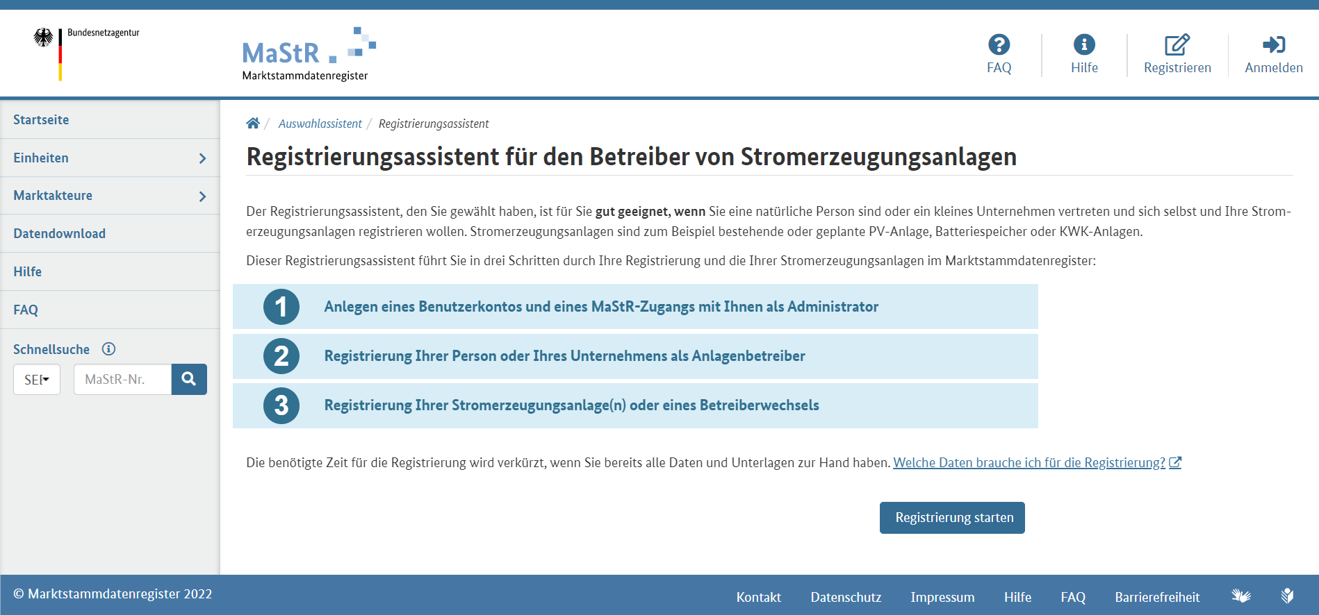 Balkonkraftwerk im Marktstammdatenregister anmelden - Screenshot der Website marktstammdatenregister.de (Bundesnetzagentur)